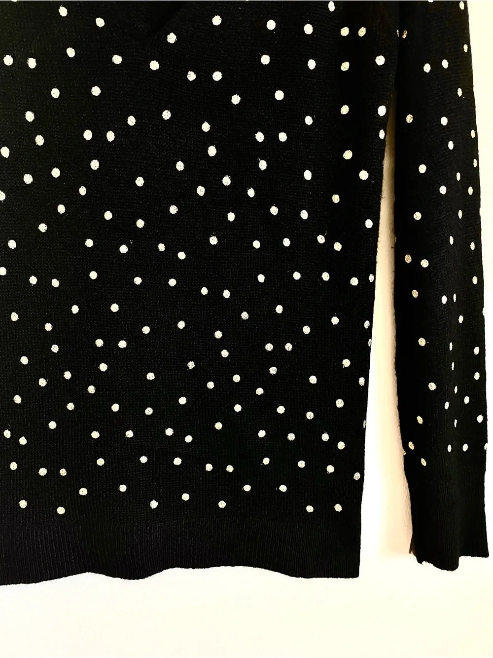 Loft Black Crew Neck Sweater With Gold Metallic Polka Dots Size XS EUC